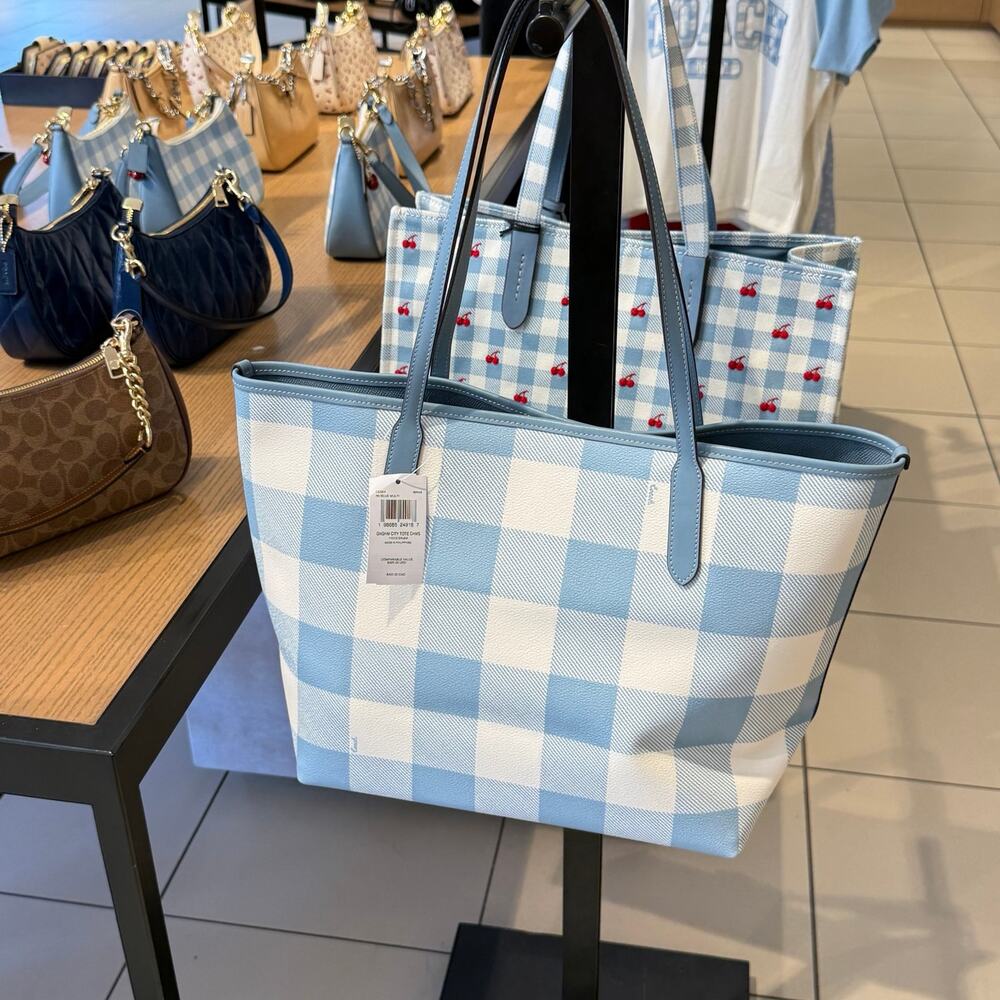 Coach City Tote Bag With Gingham Print And Charm CES64 canvas/Gold/Blue Multi - Picture 3 of 6